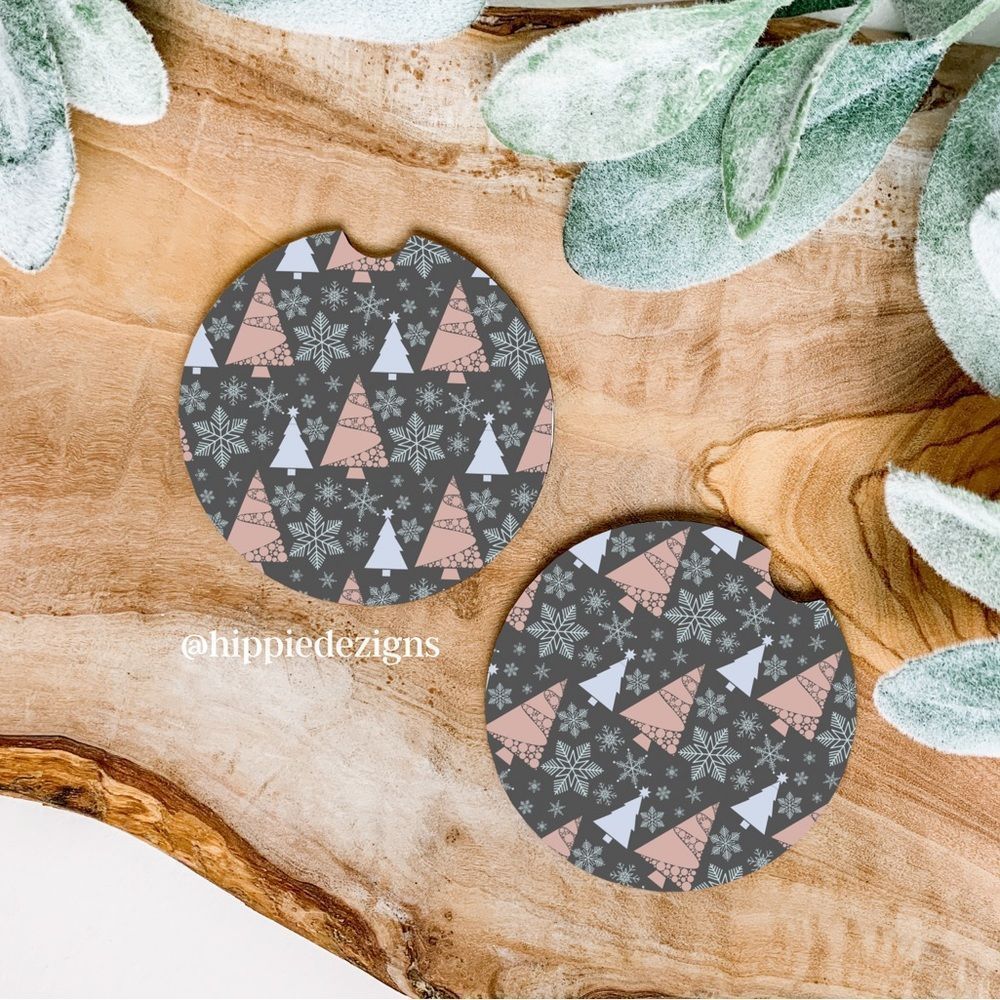 Pink Christmas Tree Car Coaster Set |  Christmas Coaster Set